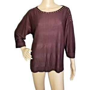 Chicos Size 2 Blouse Top Embellished 3/4 Sleeve Brown Jersey Knit Shirt      T40